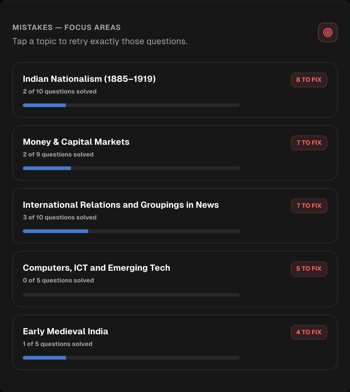 Mistakes focus areas and retry dashboard preview