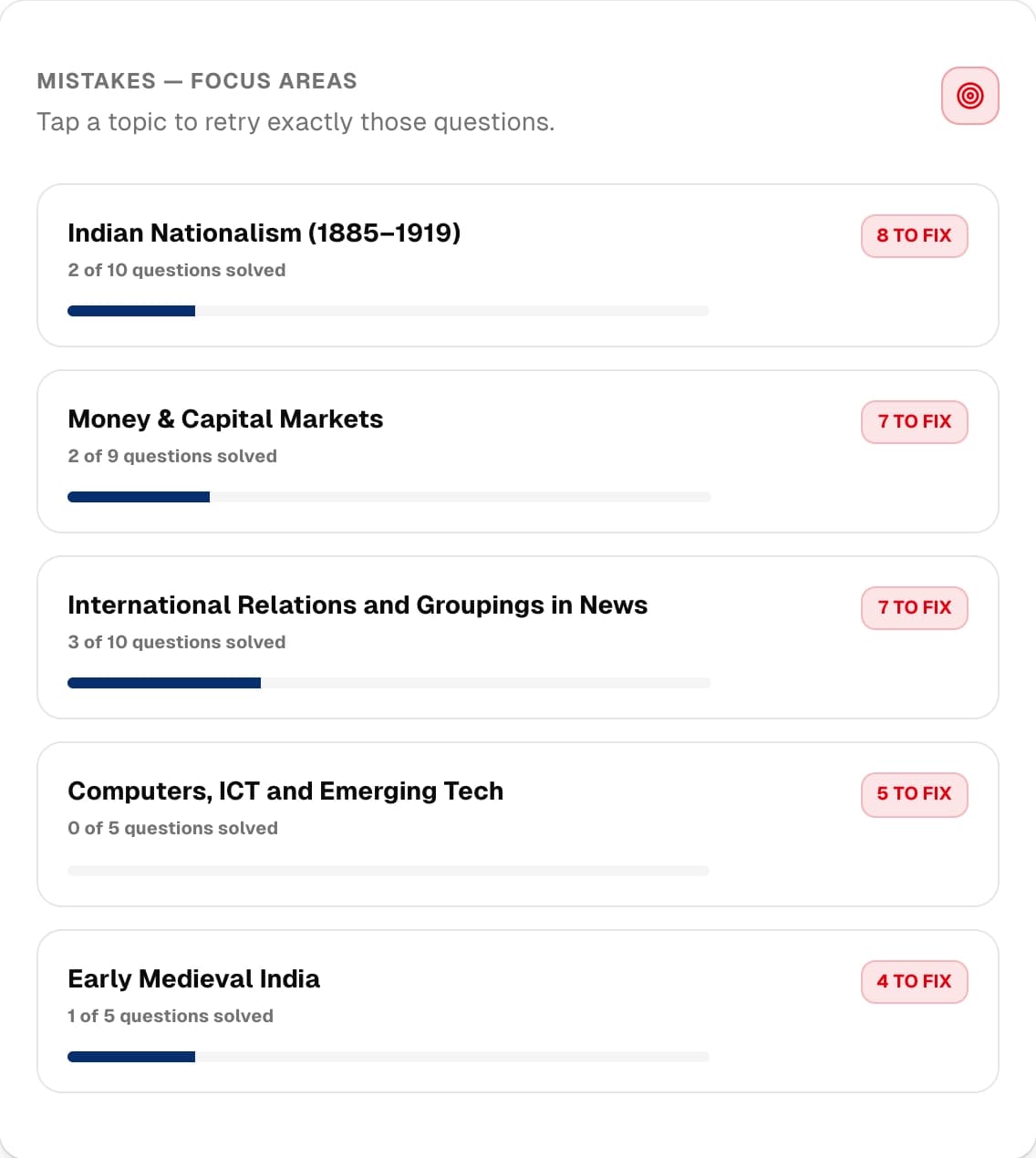 Mistakes focus areas and retry dashboard preview