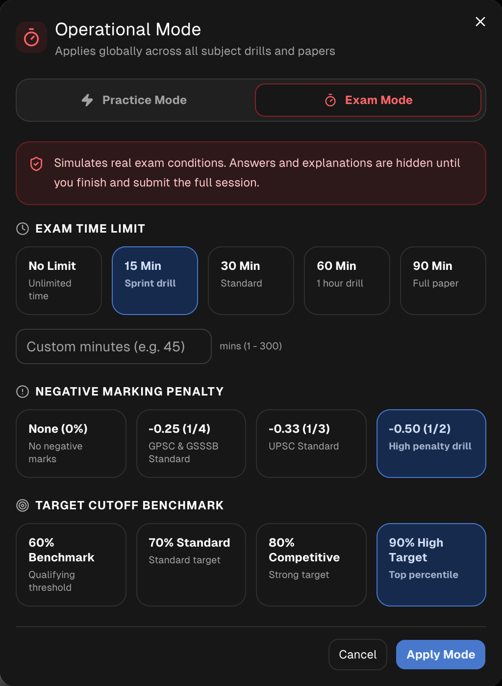 Practice mode and exam simulation configuration preview