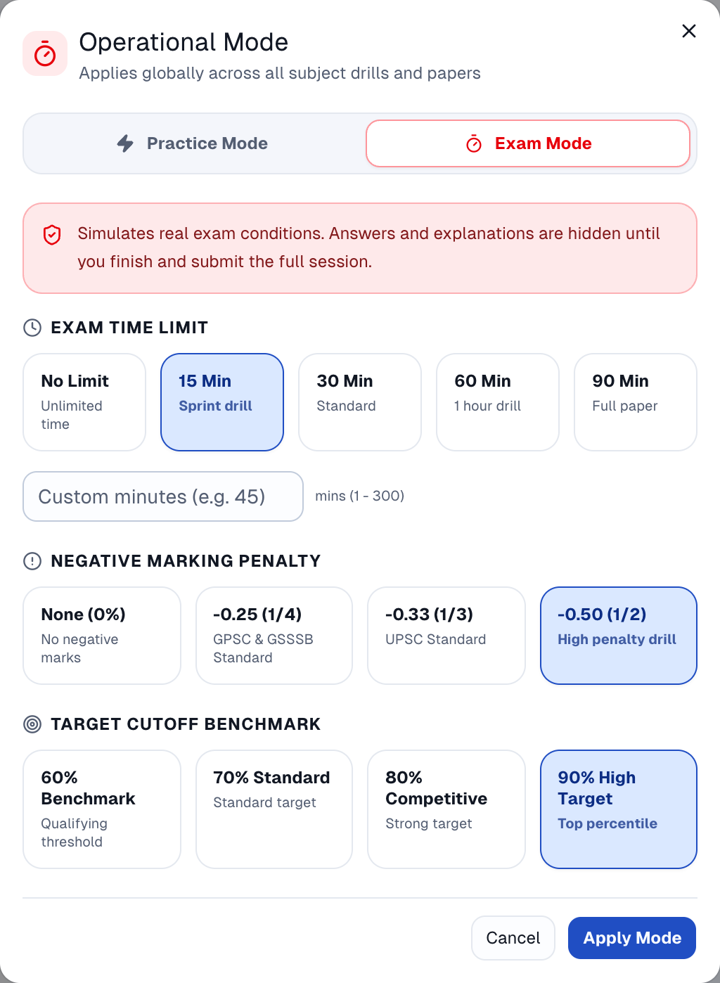 Practice mode and exam simulation configuration preview