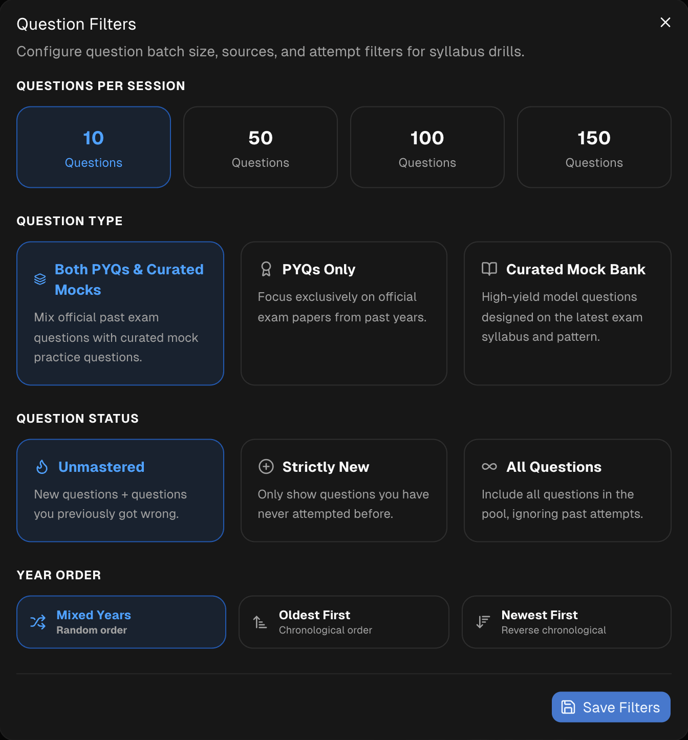 Smart question filtering and session settings interface preview