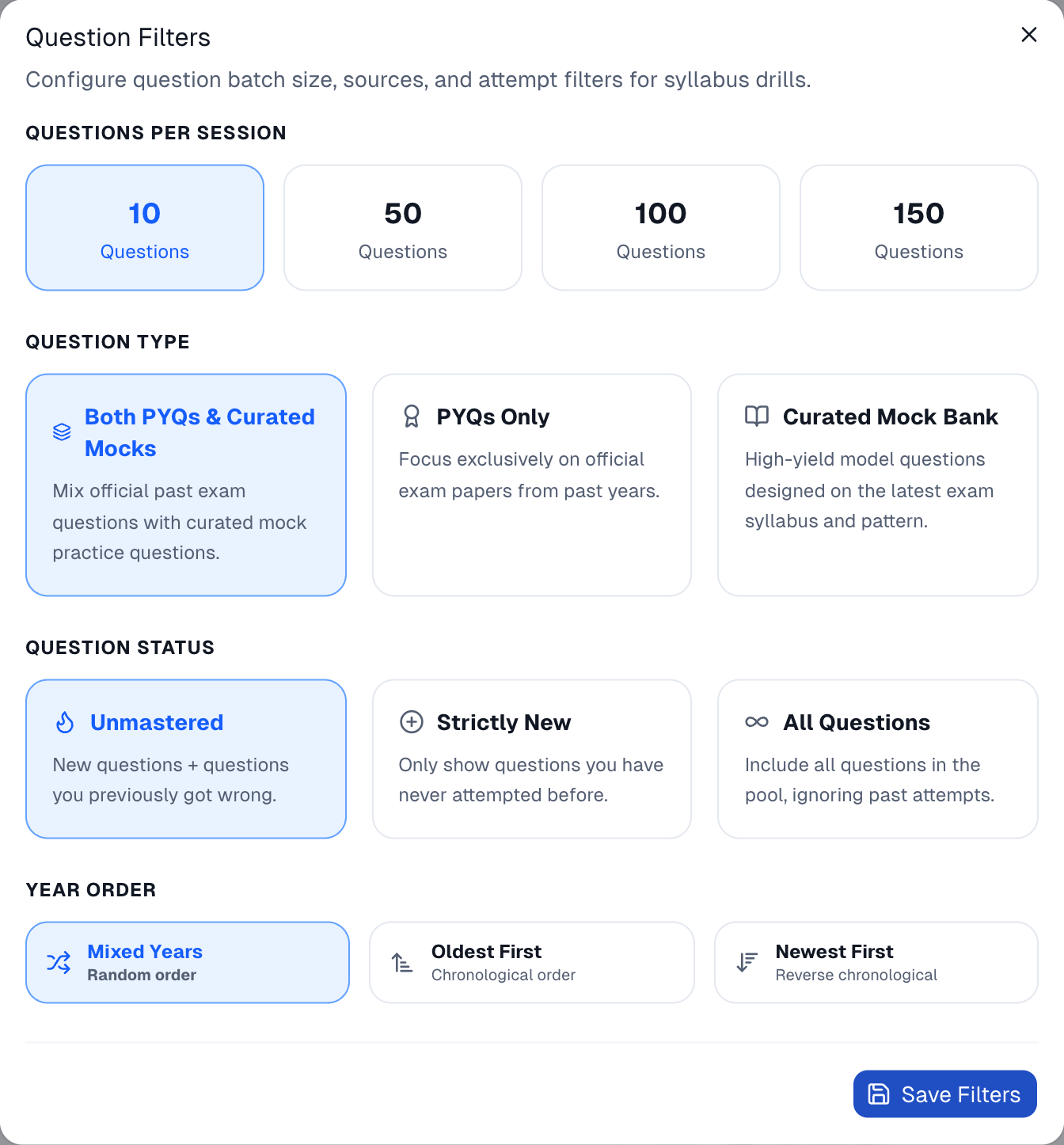 Smart question filtering and session settings interface preview